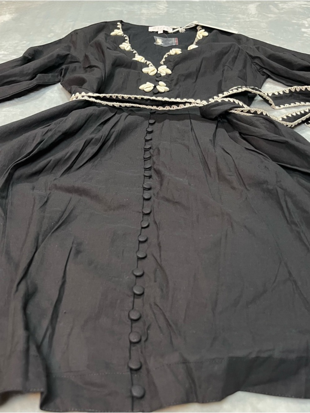 Marea Solana Dress Batik Black Cotton Shell Trim Belted Boho Mini Size S NWT - Picture 8 of 13